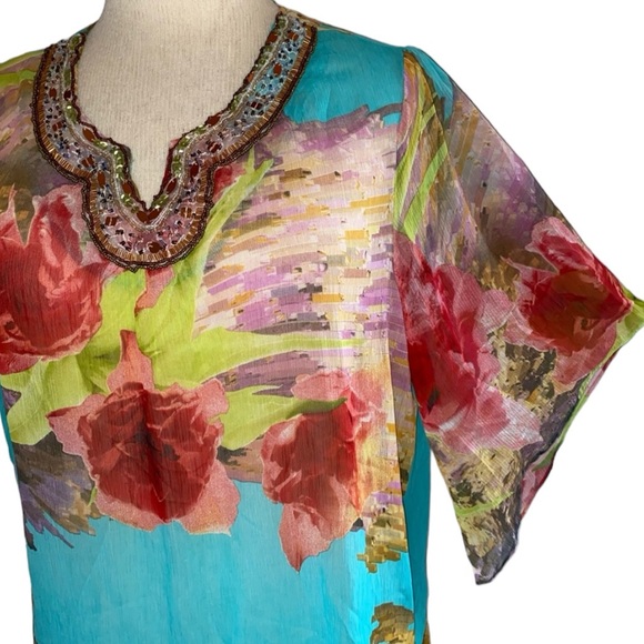 Mushka Sienna Rose XL Floral Sheer Top Elbow Length Sleeves Sequin Neckline NWT - Picture 2 of 12